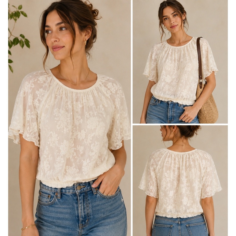 Anthropologie Floral Lace Top S Ivory Flutter Sleeve Bubble‎ Hem OB2188659 Boho